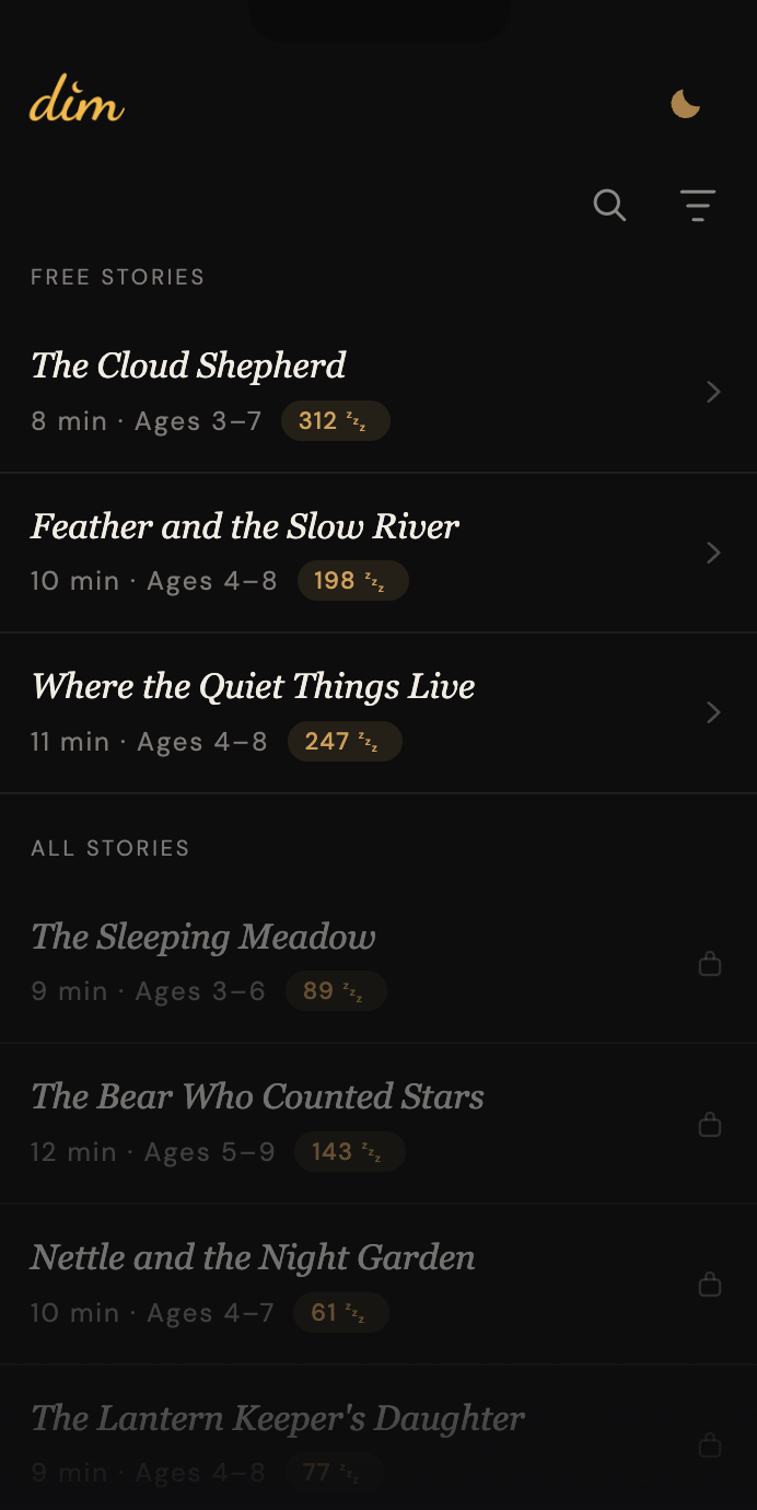 dim app on iPhone showing a list of short bedtime stories for kids